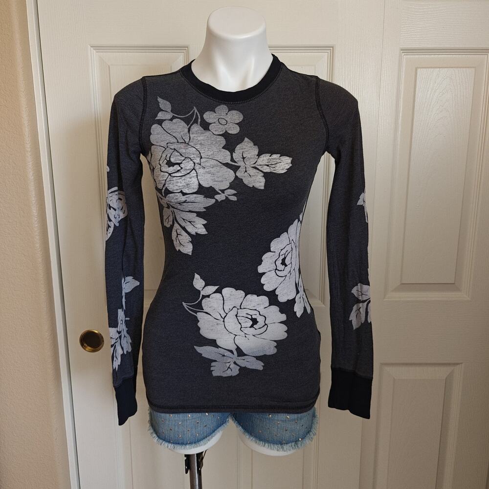 Free People Dark Gray Floral Long Sleeve Tee